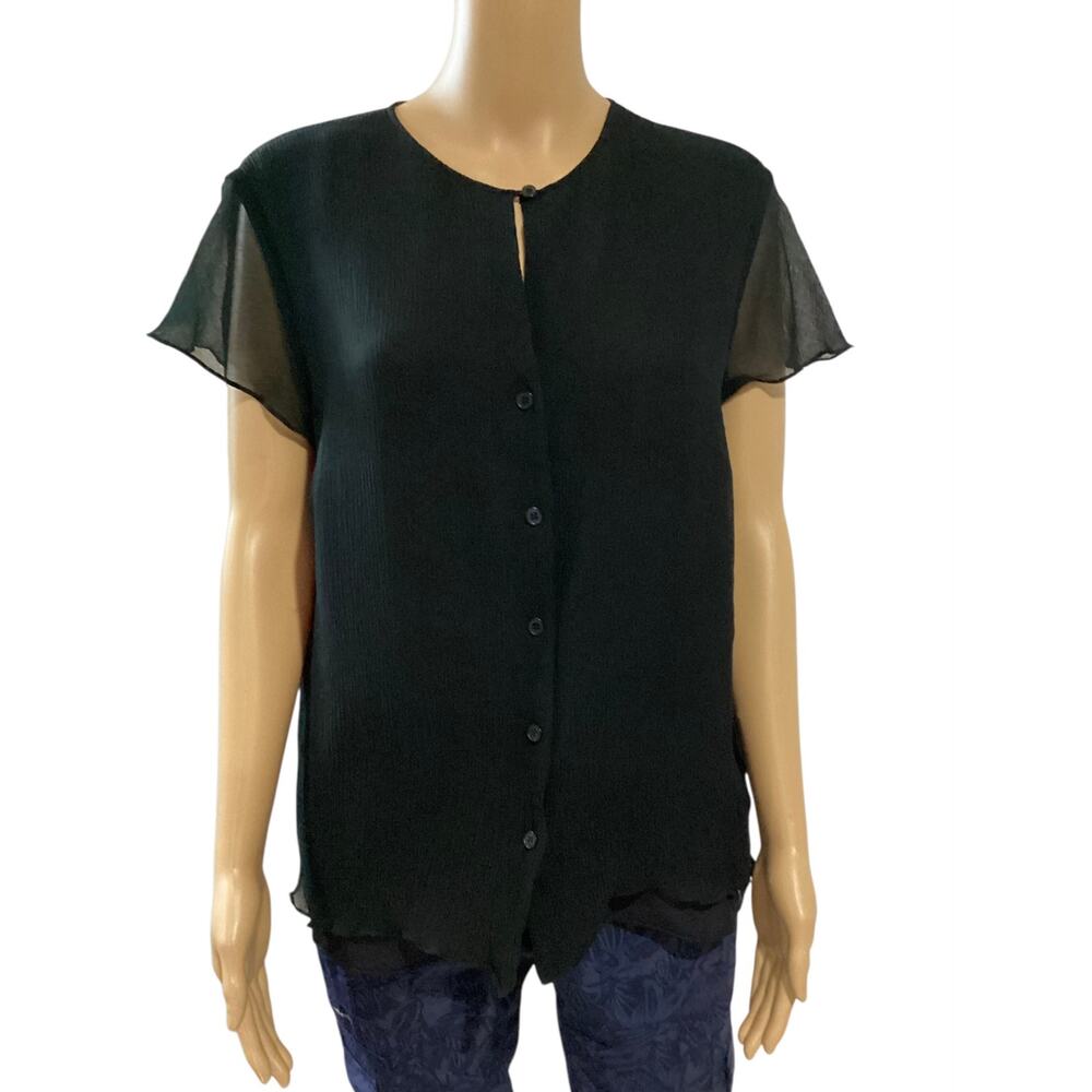 Vintage Jones New York Silk Blouse Minimalist Black Sheer Sleeve SZ 16/XL